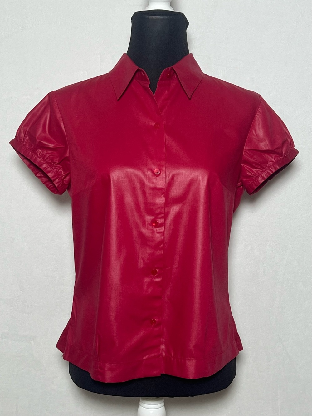 Glazed Red Short Sleeve Button Front Blouse with Puff Sleeves - size S or M